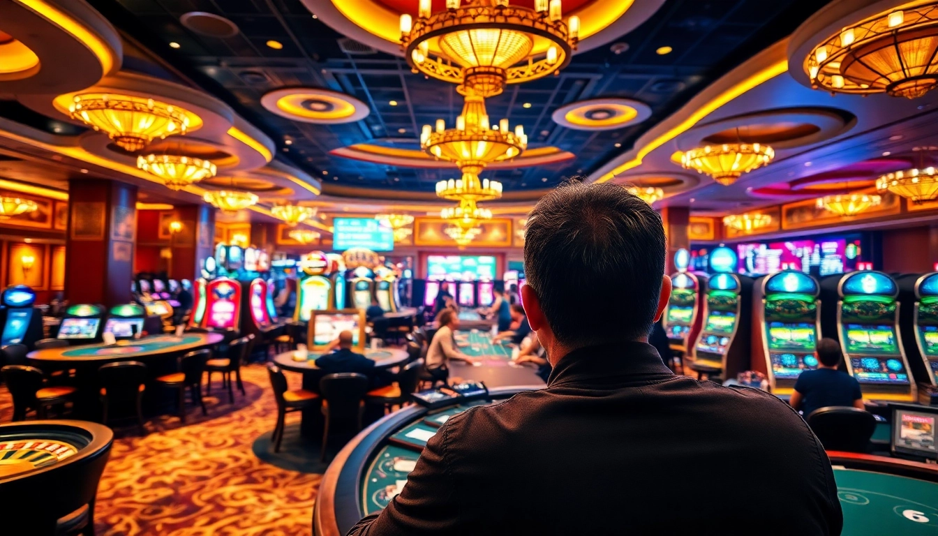 Experience thrilling gameplay at lc88 com, showcasing a bustling casino atmosphere with poker games and vibrant slot machines.