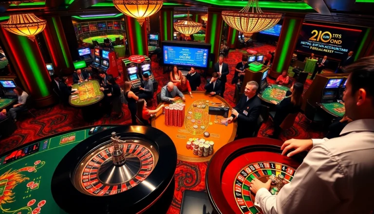 Experience high-stakes gaming excitement with the scene from https://okfun.accountant/, showcasing roulette, poker, and lively players.
